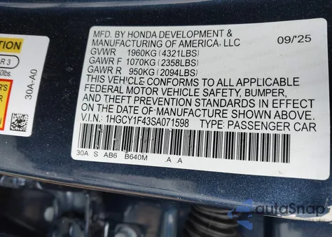 2025 Honda Accord Se z USA, uszkodzony, nr VIN 1HGCY1F43SA071598